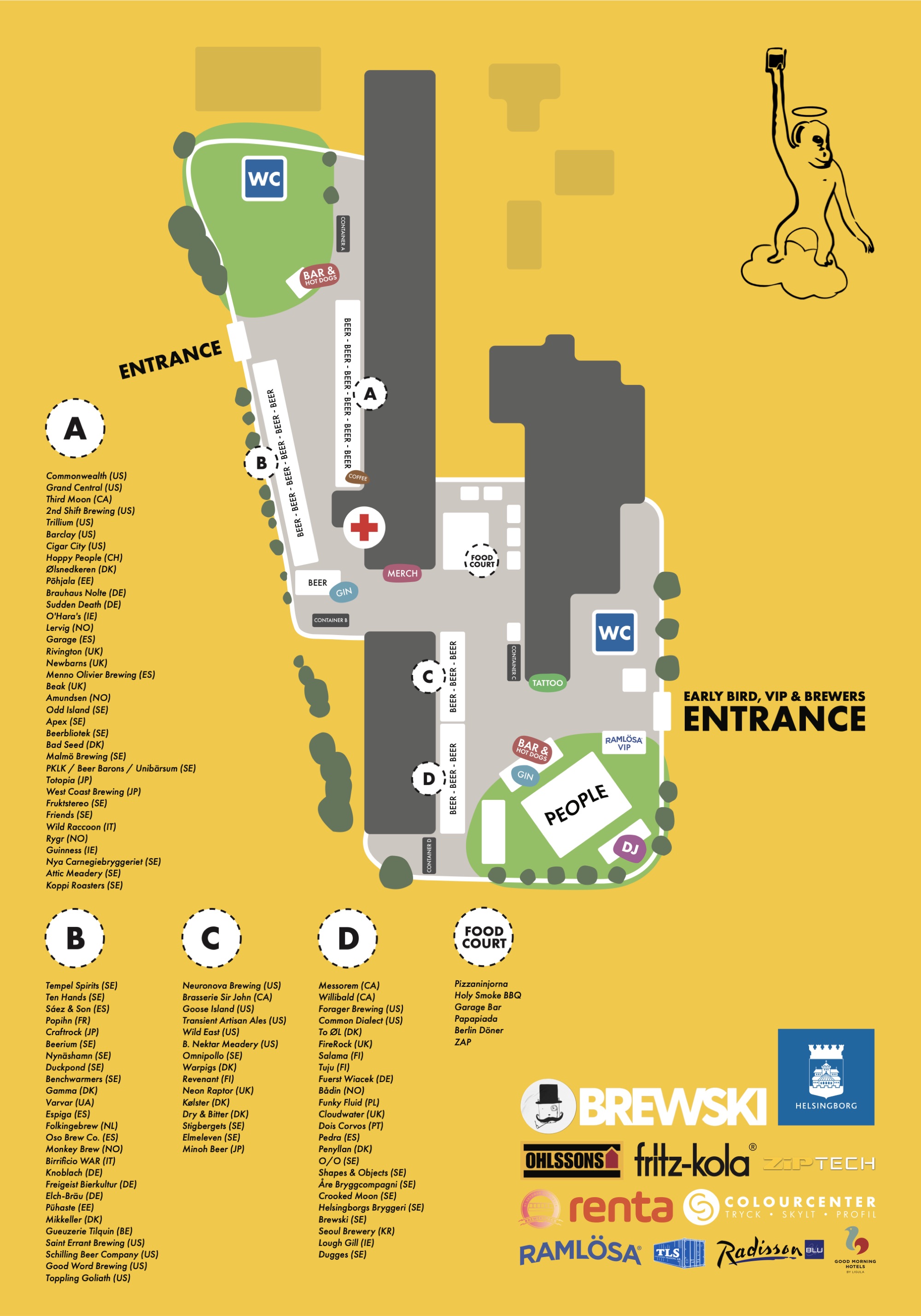 Brewskival festival area map with beer sections A, B, C and D